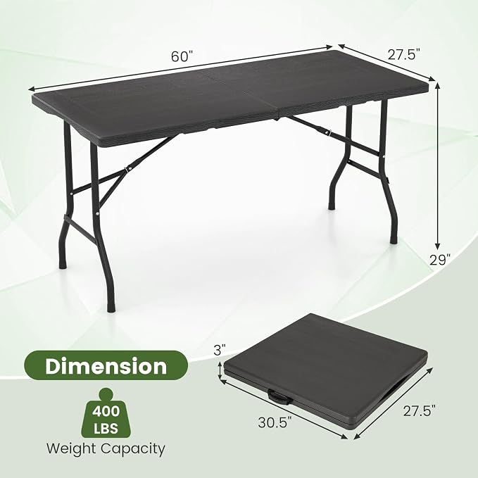 Giantex 5 FT Folding Table, HDPE Foldable Dining Table for 6, Indoor Outdoor Use for Party Banquet Wedding Picnic Camping BBQ, Fold-in-Half Portable Space Saving Design (Black)