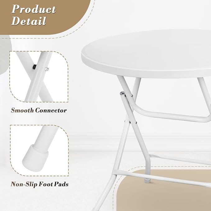 Athena Collection 2.6ft Folding Table, Portable Plastic Round Table Collapsible Card Craft Table with Steel Legs for Indoor Outdoor, Foldable Utility Dining Table for Commercial Camping Party, White