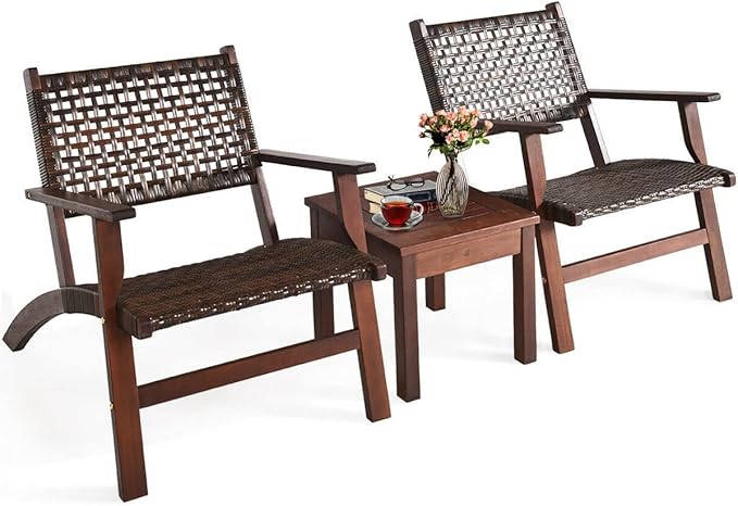 3PCS Outdoor Furniture Set Patio Conversations Set 2 Armchairs with Coffee Table Wide Armrest Tight Hand Woven Rattan Sloping Backrest Curved Chair Seat Perfect for Garden Balcony Poolside Use
