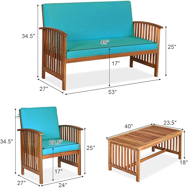 Tangkula 8 PCS Outdoor Acacia Wood Sofa Set w/Water Resistant Cushions, Padded Patio Seating Chat Set w/Coffee Table for Garden, Backyard, Poolside (2, Turquoise)