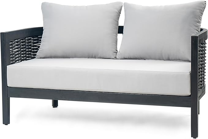 Christopher Knight Home Ramos Patio Conversation Set, 2-Seater Sofa/Loveseat+Coffee Table, Acacia Wood+Wicker Cushion+Back Pillows, Outdoor Seating, Garden, Backyard, Poolside, Black + Light Grey