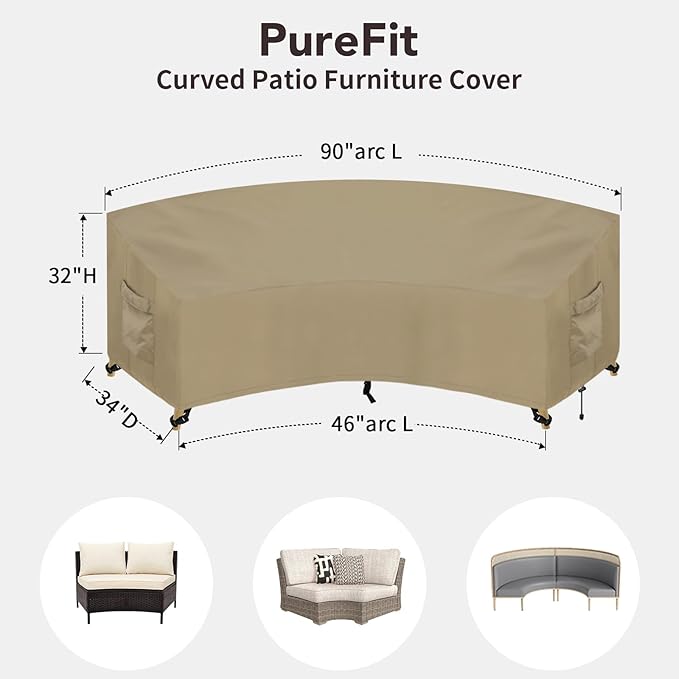 PureFit Outdoor Sectional Sofa Cover Waterproof Curved Patio Furniture Covers for Deck, Lawn and Backyard, 90Lx34Dx32Hx46FL, Camel