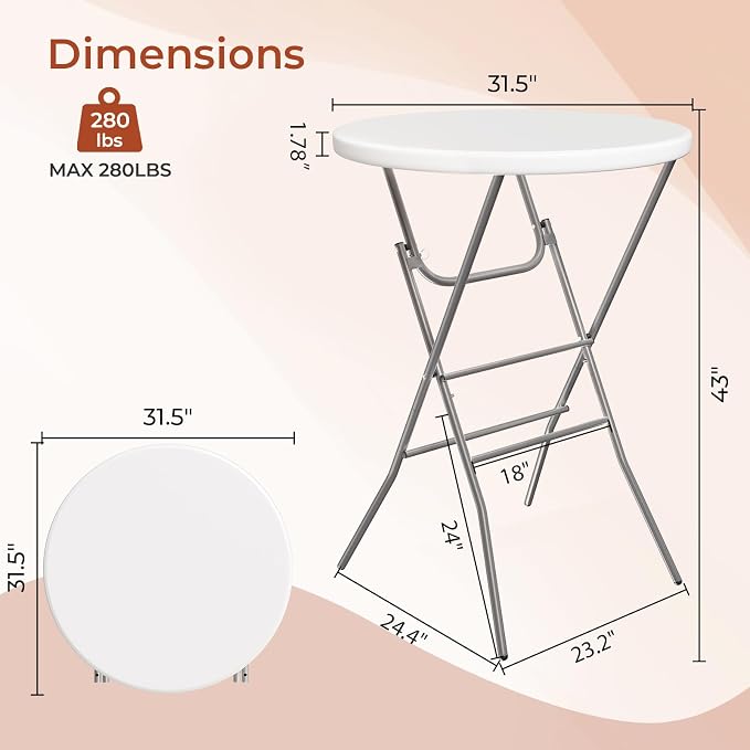TLSUNNY 1Pcs 32" Folding Round Cocktail Table, Indoor/Outdoor High Top Bar Table W/Locking Leg & Removable Legs, Stabilizing Crossbar, for Party, Commercial Events, Bistro, 280LBS (1, White)