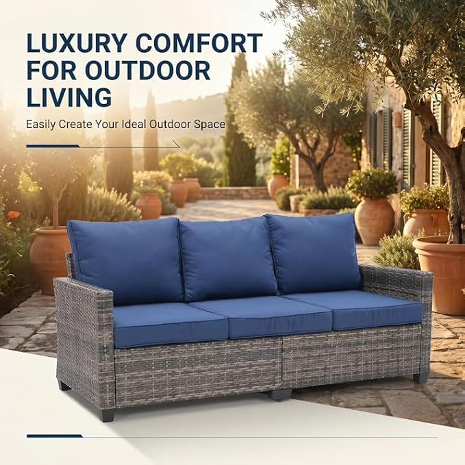 LAUSAINT HOME 3 Pieces Outdoor Patio Furniture, Outdoor Sectional Sofa Patio Furniture Sets Wicker Rattan Patio Conversation Sets with Cushion and Glass Table (Dark Blue)