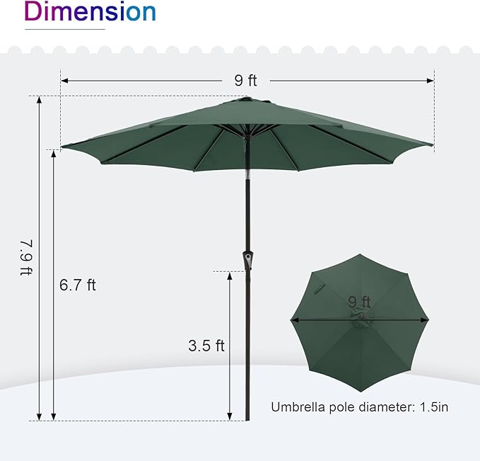 COBANA Patio Umbrella, Outdoor Table Umbrella of 9-Feet with 8 Ribs and Push Button Tilt and Crank, Dark Green