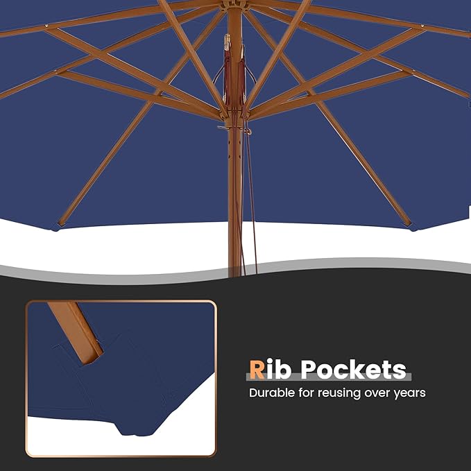 Tangkula 10FT Patio Umbrella, Outdoor Table Market Umbrella w/8 Wooden Ribs, 3 Adjustable Heights, Rope Pulley System, Detachable Pole, Wooden Patio Umbrella for Garden, Poolside, Backyard (Navy)