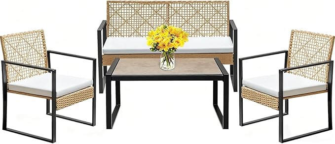 PROHIKER 4 Pieces Patio Furniture Set, Outdoor Wicker Patio Conversation Sets with Cushion and Glass Table, Front Porch Furniture Sets for Yard Pool Backyard Garden