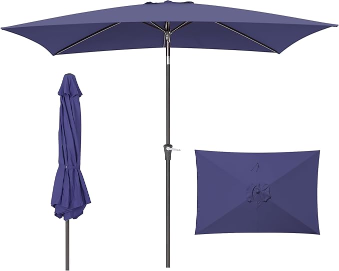 Rectangular Patio Umbrella, 6.5 x 10 ft Rectangle Table Umbrellas w/Heavy Duty Ribs, Effortless Crank and Push Button Tilt, Wind Resistant Sun Umbrella for Outdoor Patio, Navy Blue