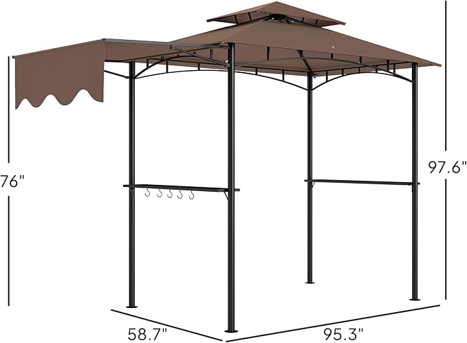 Outsunny 8' x 5' Grill Gazebo, Double Tiered Outdoor BBQ Gazebo with Side Awning, 2 Side Shelves and 6 Hooks for Patio, Deck, Yard, Brown