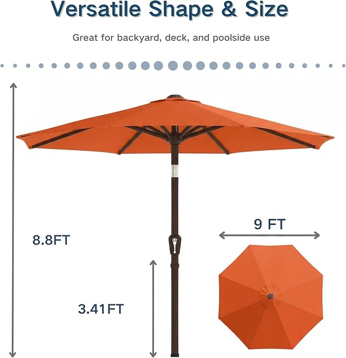 PatioKingdom 9FT Patio Outdoor Umbrella-UPF 50+ Sun Shade with Wind Vent, Push-Button Tilt & Smooth Crank Lift, Rust-Resistant Fiberglass Frame for Garden, Backyard,Yard (Orange)