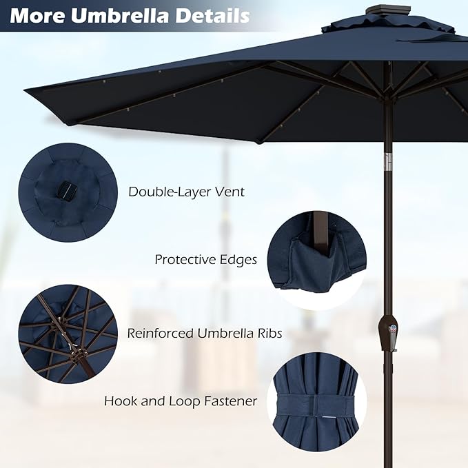Giantex 9ft/10ft Outdoor Patio umbrella with Solar Lights, Table Market Umbrella with Crank and Push-button Tilt System, Solar LED Lighted Patio Umbrella for Backyard Deck Pool Beach