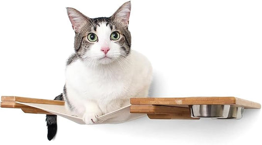Catastrophic Creations Cat Feeder Lounge w/Cat Hammock — Natural Bamboo Cat Wall Furniture — Wall Mounted Cat Feeder — Highly Customizable, Cat Tested & Approved (33 Inch)