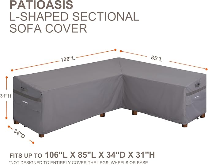 Sectional Outdoor Furniture Cover Waterproof, Right Facing Patio Deck Lounge Set Sofa Covers Grey L Shaped 106''L x 85''L x 34''D x 31''/26''H