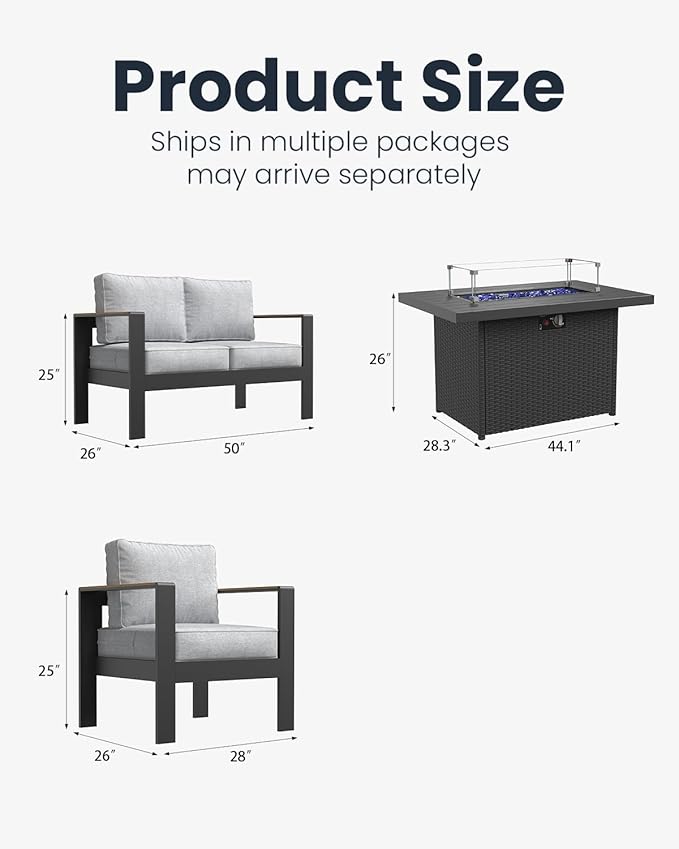 4 Pieces Aluminum Outdoor Patio Furniture Set with Fire Pit Table, Outside Metal Patio Conversation Sets with Deep Seating and Thick Cushions