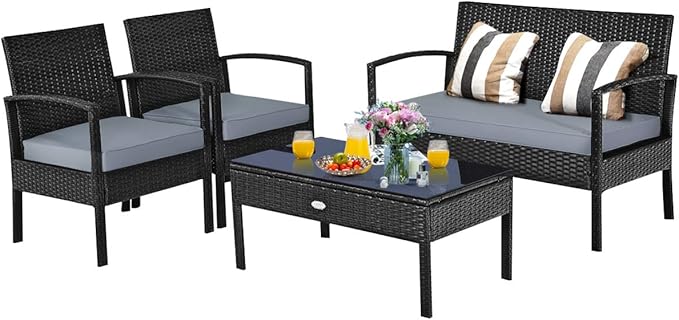 Tangkula 4-PCS Wicker Patio Conversation Furniture Set, Outdoor Rattan Chair and Table Set, Patio Furniture Sets with Coffee Table & Washable Cushions for Courtyard Balcony Garden (1, Black)