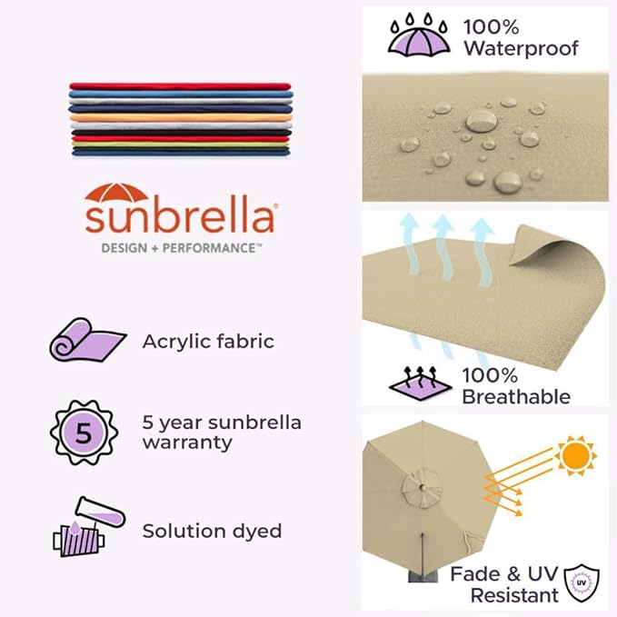 Midtown Umbrellas 10 Ft Outdoor Cantilever Patio Umbrella w/Sunbrella Heather Tan Fabric - 360° Rotate Offset Patio Umbrella, Deck Patio Umbrella, Backyard Umbrella & Garden Umbrella - Black Frame