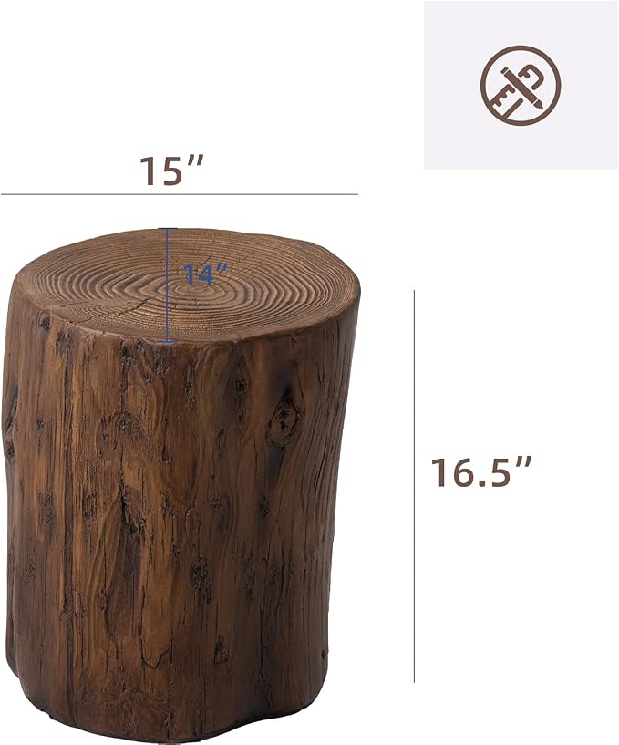 HOMPUS Concrete Outdoor Side Table,Tree Stump Modern Round Accent Table,Plant Stand Faux Wood End Garden Stool for Patio,Home Decor, Living Room(Walnut)