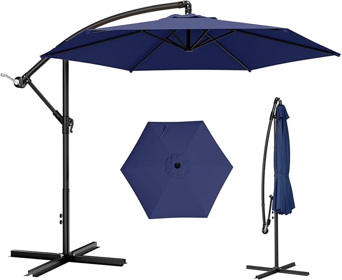 AreShark 10FT Patio Outdoor Umbrella, Offset Patio Umbrella Cantilever Umbrella, 6 Sturdy Ribs, Easy Adjustment for Garden Market Pool with Cross Base (Navy)