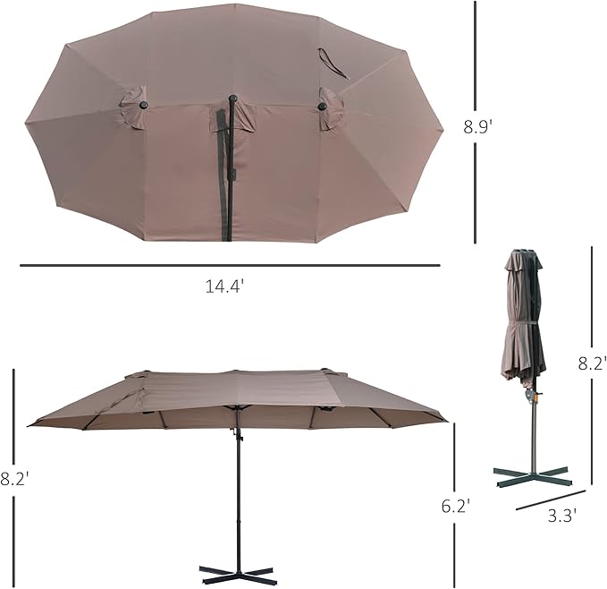 GOWE 14ft Patio Umbrella Double-Sided Outdoor Market Extra Large Umbrella with Crank, Cross Base for Deck, Lawn, Backyard and Pool, Brown