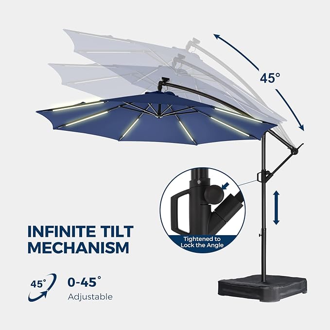 HOMSHADE 10ft Solar Lights Offset Cantilever Patio Umbrella - with Light and Base, LED Lighted Offset Hanging Patio Outdoor Market Umbrella UPF50+ UV Protection with Easy Tilt and Crank (Navy Blue)