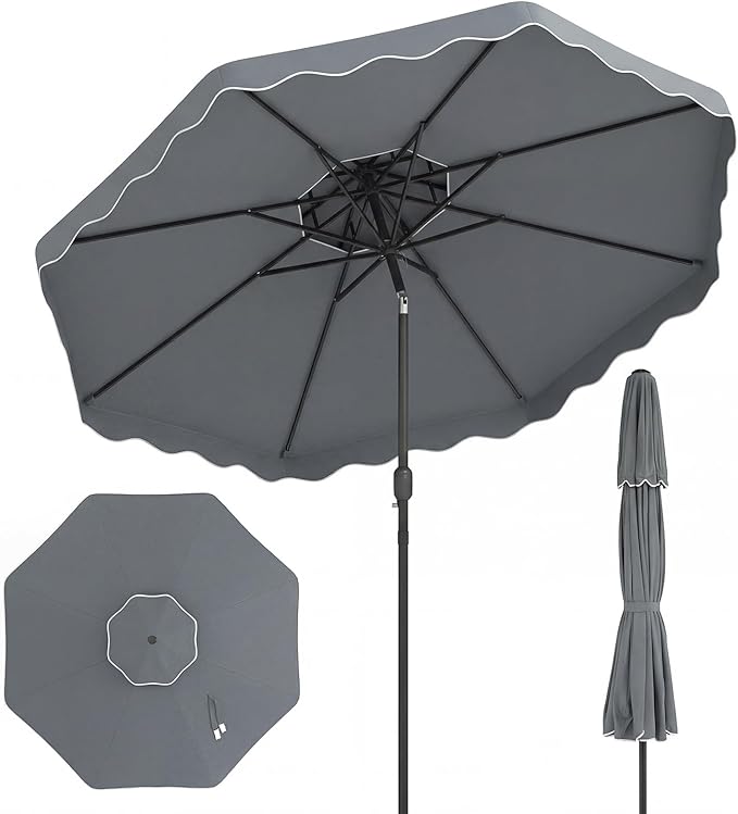 Happygrill 10 FT Patio Umbrella, Scalloped Outdoor Table Market Umbrella with Push Button Tilt & Crank, 2-Tier Vented Top, Heavy-Duty 8 Metal Ribs, Sun-Protective Canopy, Ruffle for Deck Pool Garden (Gray)