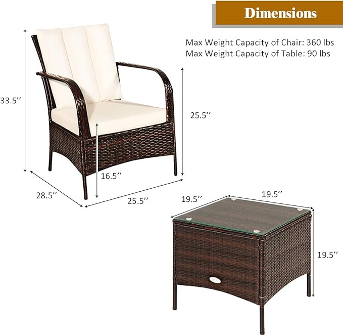 Tangkula 3 Piece Patio Furniture Set, 2 Wicker Chairs with Glass Top Coffee Table, Outdoor Garden Porch Poolside Furniture Set for 2, Rattan Conversation Set (Cream)