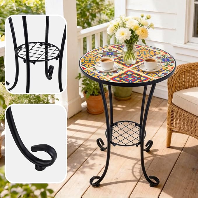 Mosaic Outdoor Side Table Small Round Patio Table Plant Stand | 21" Accent End Table with 14" Ceramic Tile Top for Small Spaces Porch Pool Garden Decor Indoor Living Room Bedroom Balcony