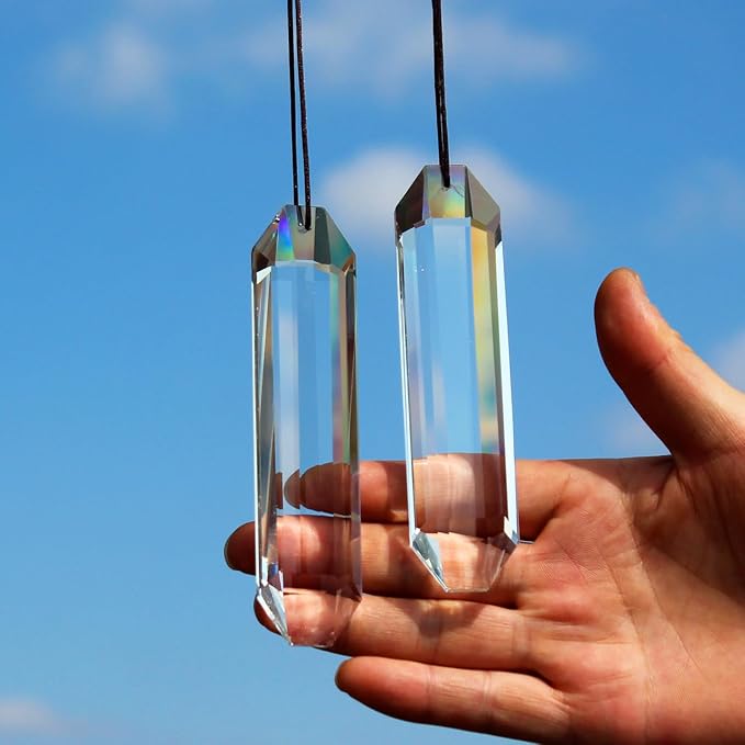 2PCS Rectangle Crystal Suncatcher Prisms for Windows (Rect Clear) | Clear, Transparent, K9 Glass, Rainbow Maker, with Hooks & Cord