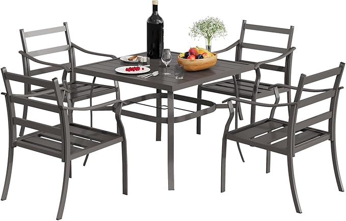 EROMMY 5-Piece Outdoor Patio Dining Set, 4 Metal Slat Chairs & Square Table with Umbrella Hole, All-Weather Patio Furniture for Backyard, Deck and Garden