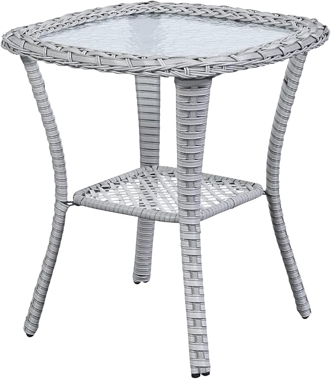 Belord Small Outdoor Side Table Tempered Glass Wicker Table - Waterproof Patio Coffee Table Rattan End Table with Storage, Light Gray 20x20x22 inch
