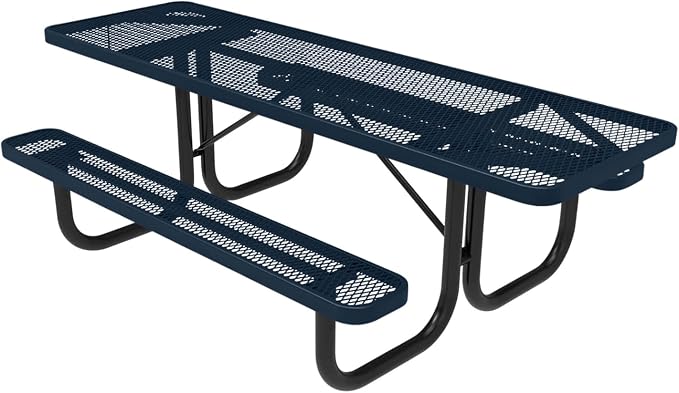 COATEDOUTDOORFURNITURE Heavy-Duty Portable ADA-Compliant Outdoor Picnic Table, Expanded Metal Patio Dining Furniture Made in America (8ft Rectangular, Both-Side Handicap, Dark Blue)