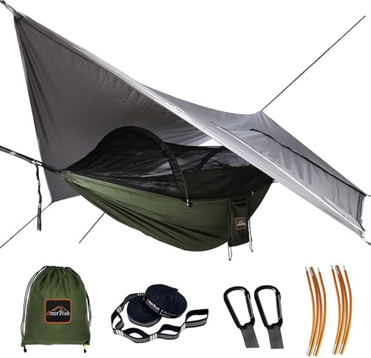 Camping Hammock with Mosquito Net and Rain Fly Tarp, Portable Double Hammock with Two Tree Straps, 230T Nylon Hammock and Waterproof Rain Fly Set for Hiking, Backpacking, Overnight (Green)