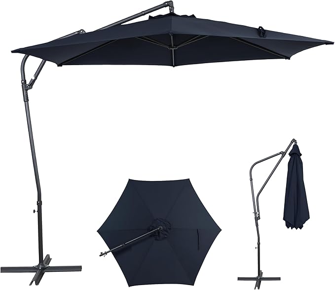 10FT Offset Patio Umbrella, Cantilever Hanging Umbrella with Infinite Tilt, Fade-Resistant Water-Repellent Canopy & Cross Base for Yard, Garden & Deck