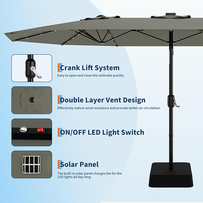 KYBOLT 15 Ft Large Patio Umbrella with Solar Lights, Outdoor Double-Sided Rectangle Umbrella with Base, Outdoor Umbrella for Backyard, Pool, Patio, Grey