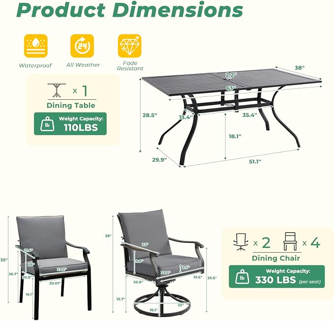 LVUYOYO 7-Piece Outdoor Patio Dining Set, Metal Dining Chair & Rectangular Table Set, All-Weather Furniture for Backyard, Garden,Balcony,Porch (Gray)