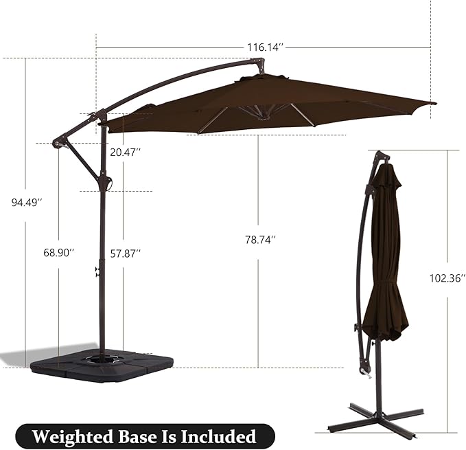 10FT Patio Umbrella, Outdoor Offset Cantilever Umbrella with Sturdy 8 Ribs and Reinforced Base, Easy Tilt Adjustment for Backyard Pool Garden,Brown