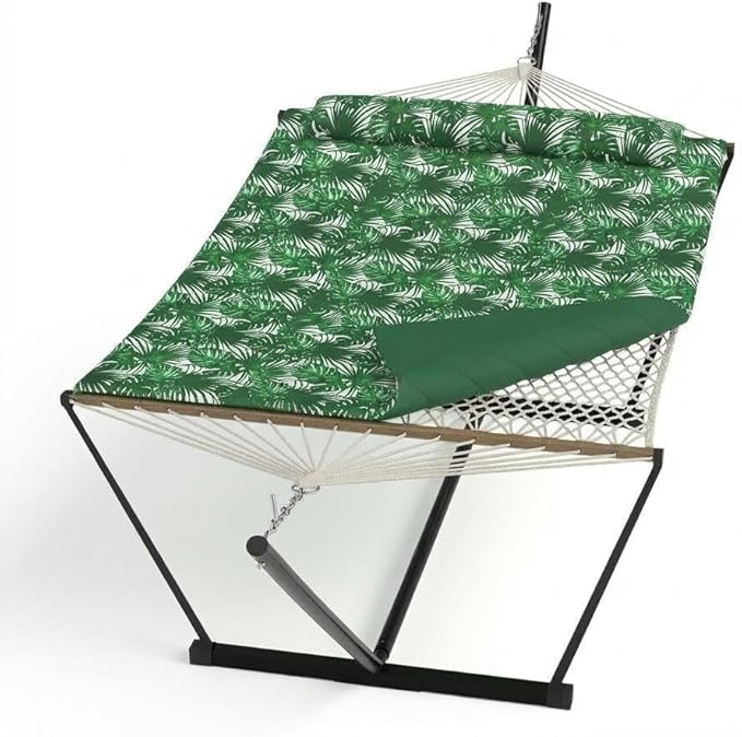Double Hammock with Stand for 2 Person – Heavy Duty Cotton Rope, 450 lbs Capacity, Adjustable Steel Frame, Portable with Pillow & Pad, Ideal for Patio, Garden, Backyard, Indoor & Outdoor