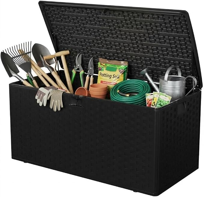 Jojoka Brown Resin Outdoor Storage Box, Waterproof Lockable Patio Deck Box, Large Capacity Outside Container for Package Delivery, Furniture Cushions, Garden Tools and Pool Accessories