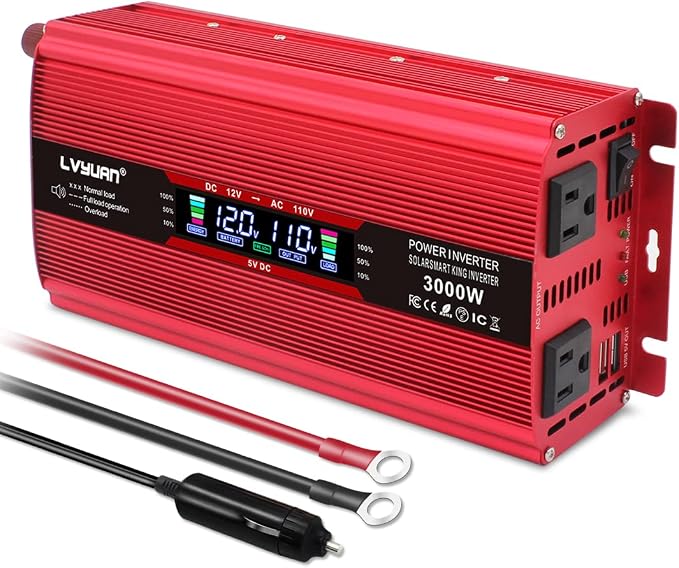 Yinleader Power Inverter 2000W DC 12V to 110V AC Car Converter with Intelligent LCD Display Dual AC Outlets Dual USB Charging Port for for RV Truck Laptop(Red)