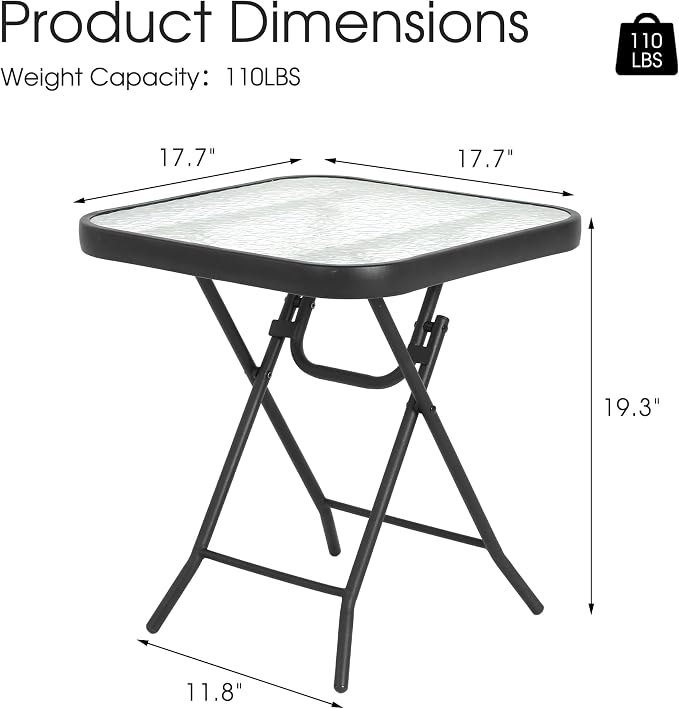 HOMEFUN Outdoor Side Tables Square Folding Patio End Table with Tempered Glass Tabletop, Portable Bistro Coffee for Porch Yard, Balcony, Garden, Deck Poolside, Transparent Glass