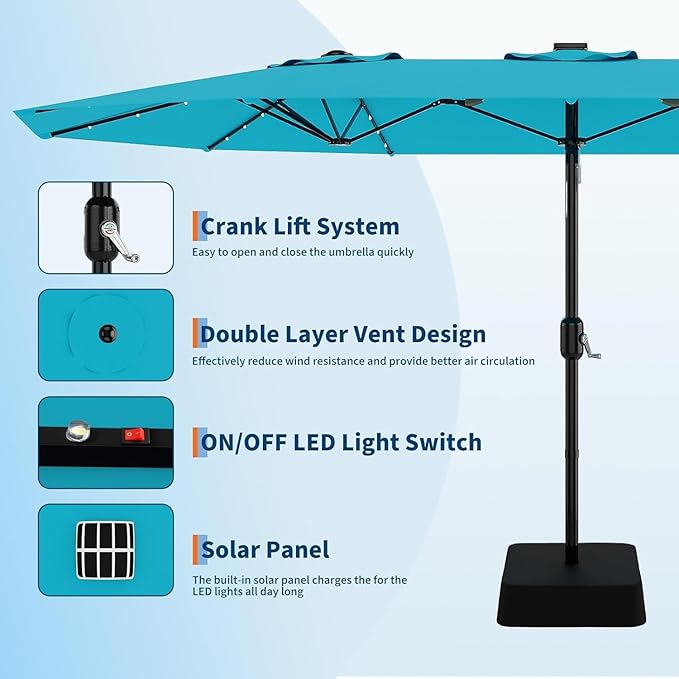 Garvee 15 ft Rectangular Patio Umbrella with Solar Lights & Base Included - Large Patio Umbrella with Crank Handle 36 LED Lights, UV Protection for Outdoor Market, Backyard, Deck, Pool, Misty Blue