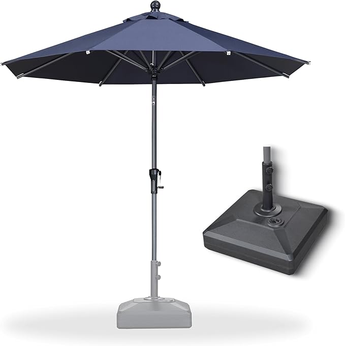 PURPLE LEAF 8' Round Patio Market Umbrella with Base Outdoor Table Umbrellas Aluminum Frame Sun Shade with 8 Sturdy Ribs Tilt for Garden Deck Lawn Pool Navy Blue