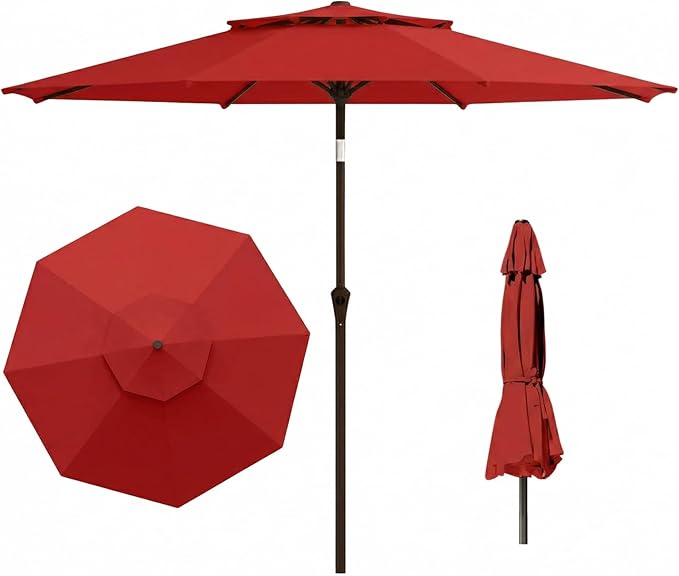 Outdoor Patio Umbrella, 2 Tiers Market Table Umbrella with 8 Sturdy Ribs, Push Button Tilt and Crank, UPF50+ UV Protection for Deck, Pool, Garden and Backyard