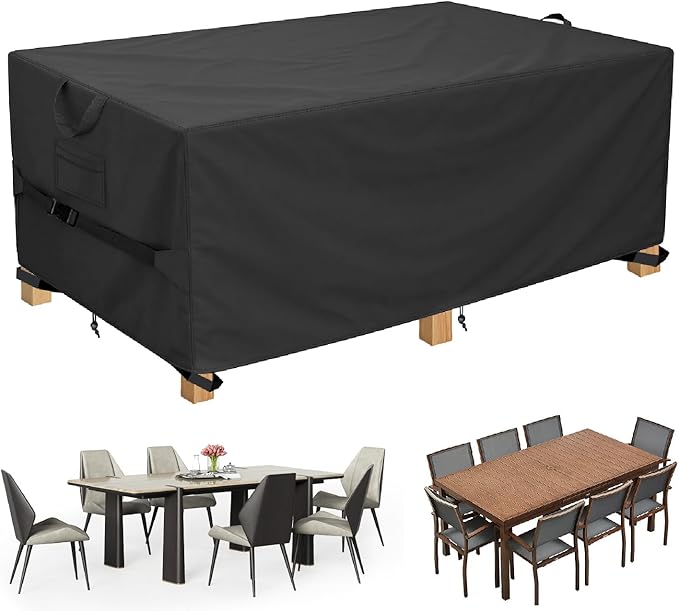 HAIGE Patio Furniture Cover Waterproof, 72" Rectangular Patio Table Cover, Heavy Duty 600D Outdoor Table and Chairs Cover, UV Resistant, Windproof with Air Vents, Drawstring & Buckle Straps, Black