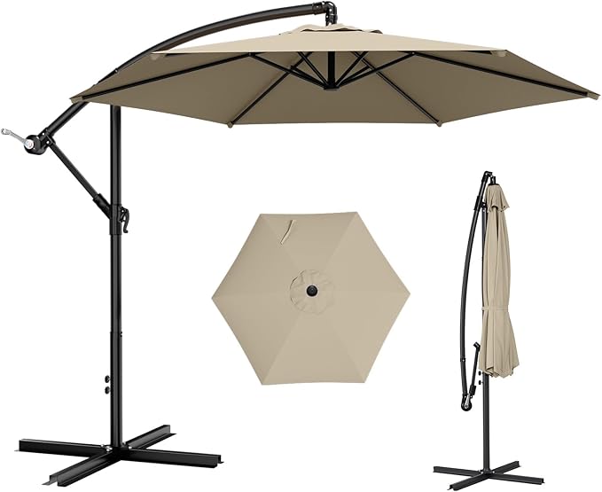 AreShark 10FT Patio Outdoor Umbrella, Offset Patio Umbrella Cantilever Umbrella, 6 Sturdy Ribs, Easy Adjustment for Garden Market Pool with Cross Base (Beige)