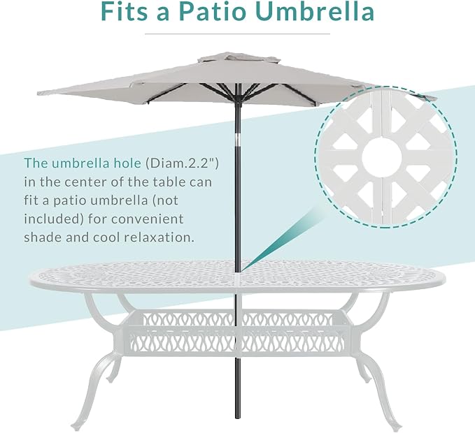 MEETWARM Outdoor 84" Oval Patio Dining Table, All Weather Cast Aluminum Large Patio Furniture Table Fits for 6-8 Person with 2" Umbrella Hole, White