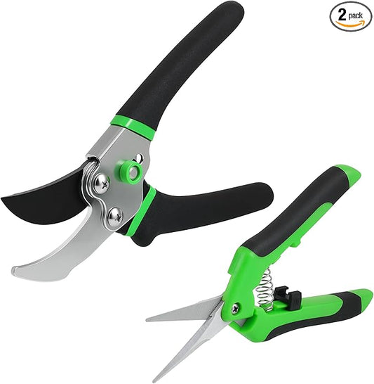 2-Pack Gardening Scissors, 8.43" Bypass Pruning Shears and 6.57" Straight Garden Scissors with Safety Lock, Preminum Plant Shears and Clippers for Trimming, Cutting, Picking