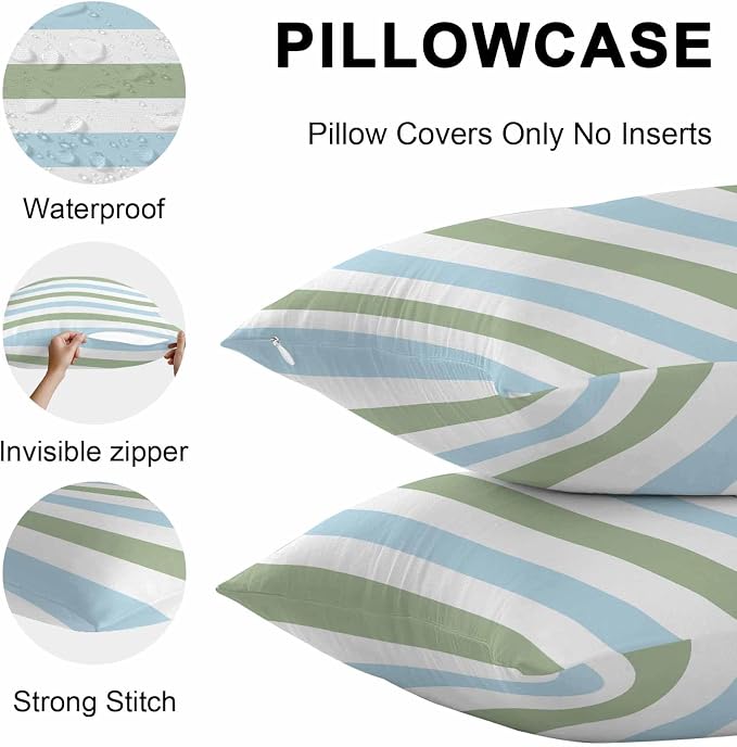 Sage Green Blue Striped Outdoor Pillow Covers 18x18 Inch Throw Pillow Covers Set of 2 Waterproof Decorative Pillow Cases Farmhouse Sage Green Stripes Cushion Covers for Patio Furniture Garden Couch