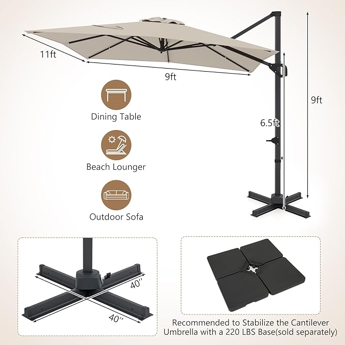 Tangkula 11 x 9 FT Patio Umbrella, Large Offset Cantilever Outdoor Umbrella with Aluminum Pole, 360 Degree Rotation, Tilt Adjustment, 8 Sturdy Ribs, Air Vent & Cross Base for Backyard Pool Garden Deck (Beige, 11x9 FT)