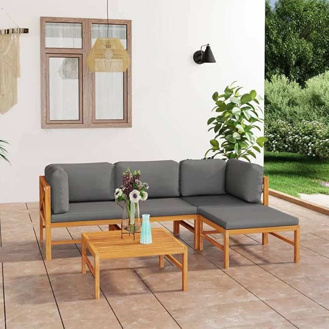 Patio Lounge Set with Gray Cushions,Patio Furniture Sets,Patio Conversation Sets,Outdoor Furniture Sets,for Garden,Backyard,Outdoor,5 Piece Solid Teak Wood